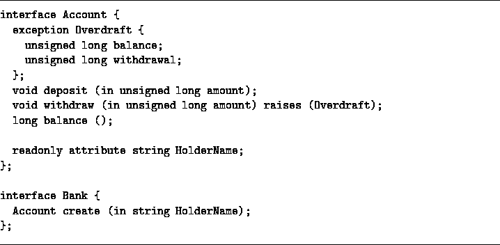 \begin{figure}
\hrule\vspace{3mm}
\par\verbatiminput{include/account.idl}\par\hrule\par\end{figure}